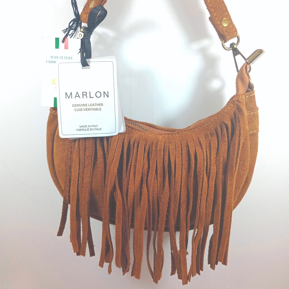 Marlon Firenze Suede Fringe Hobo Bag Brown NEW Made in Italy Boho Western BS5311